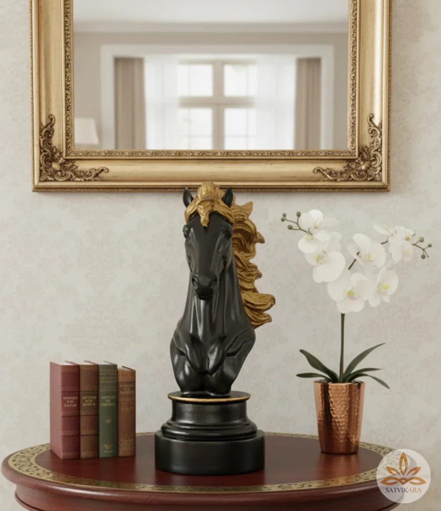 Black Horse Head Sculpture with Golden Mane